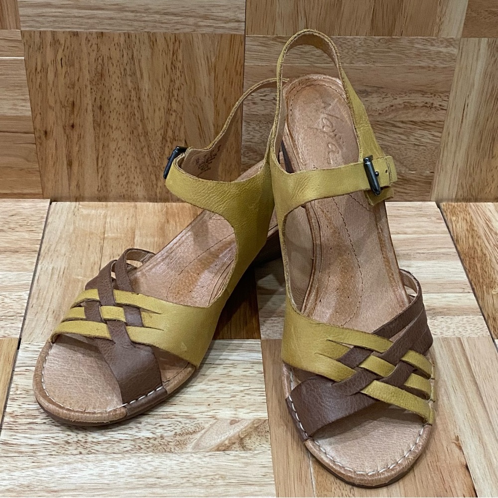 NAYA “Fausta” Yellow Woven Leather Ankle Strap Wedge Heeled Sandal Size 9